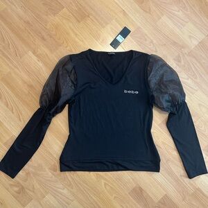 bebe NWT Black Sheer Sleeve Top